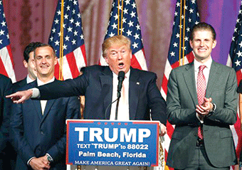 Le candidat républicain Donald Trump s’adresse aux médias, à West Palm Beach, après sa victoire en Floride le 15 mars 2016. (DR)